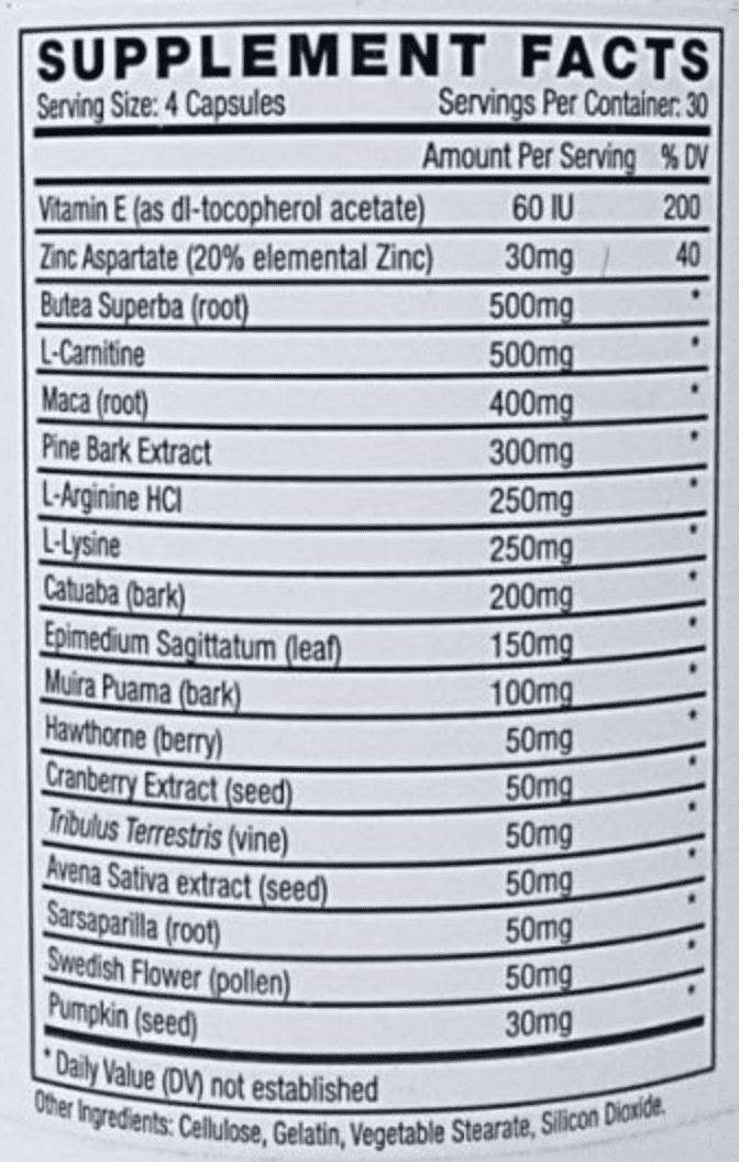 semenax ingredient label