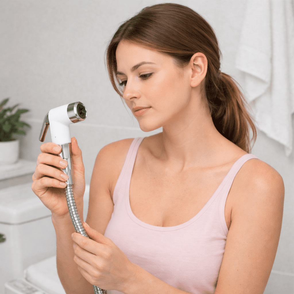 Water masturbation: A woman holding a bidet